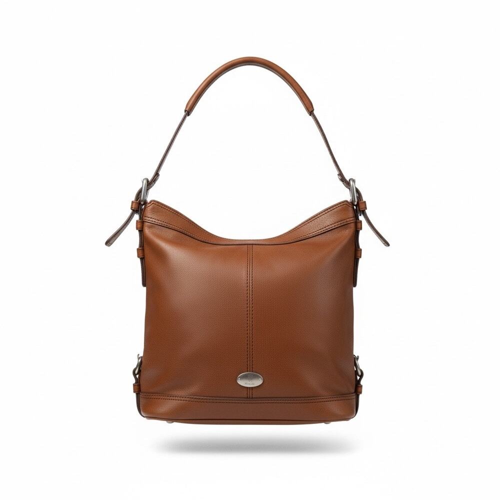 Fossil Maddox leather bucket hobo purse in tan brown.